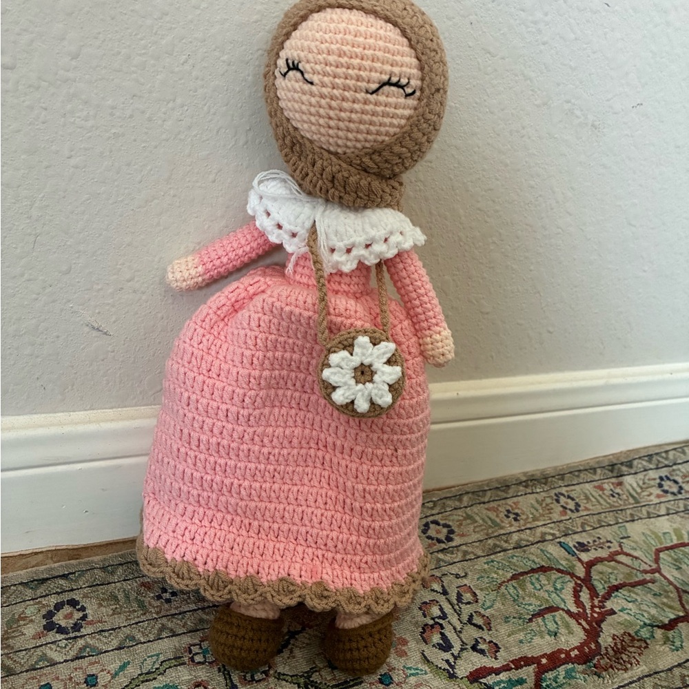 Handmade Pink Crochet Doll with Brown Hood and White Collar